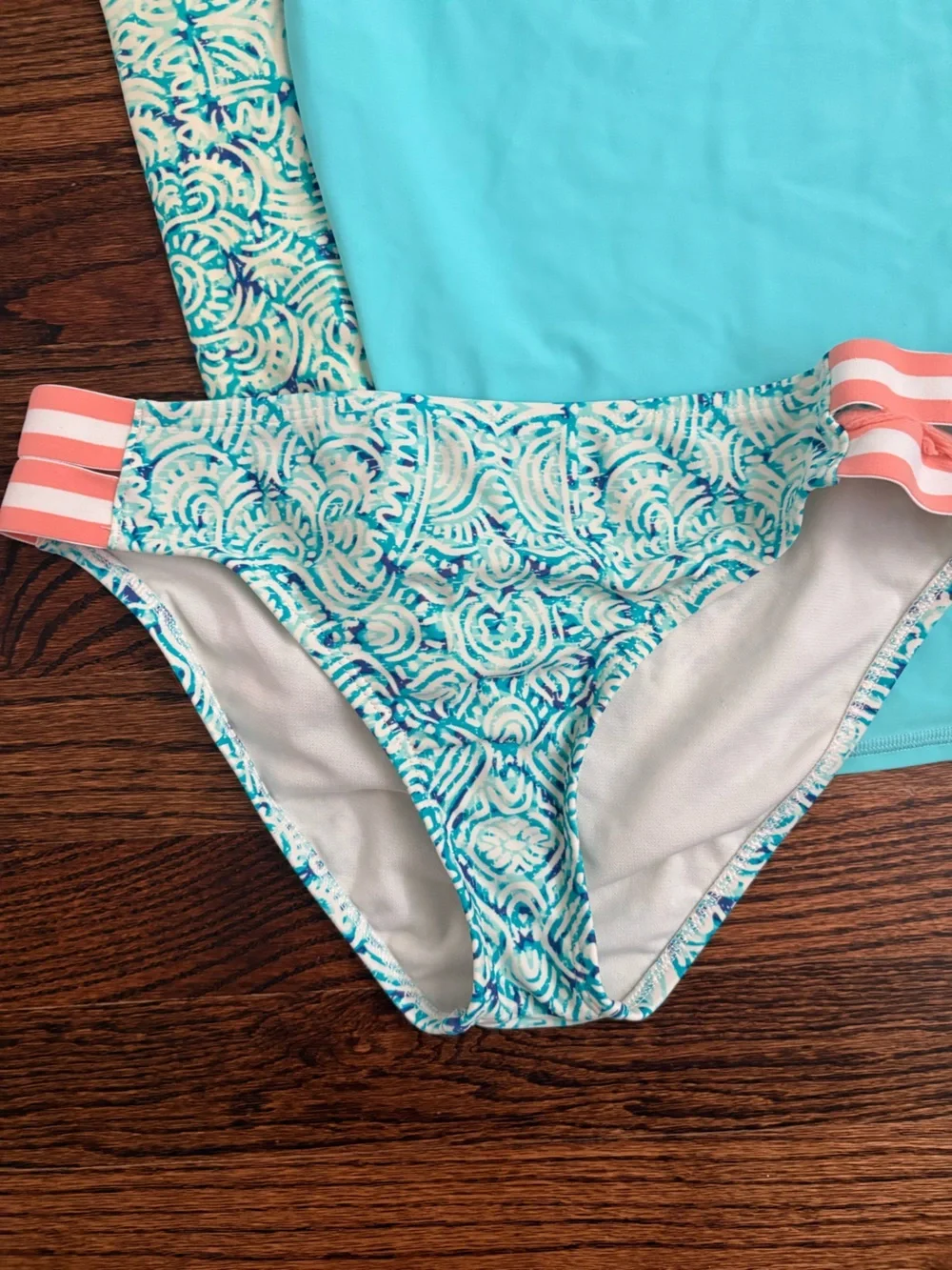 Roxy Girls' Teal Rash Guard Set with Patterned Sleeves and Bikini
